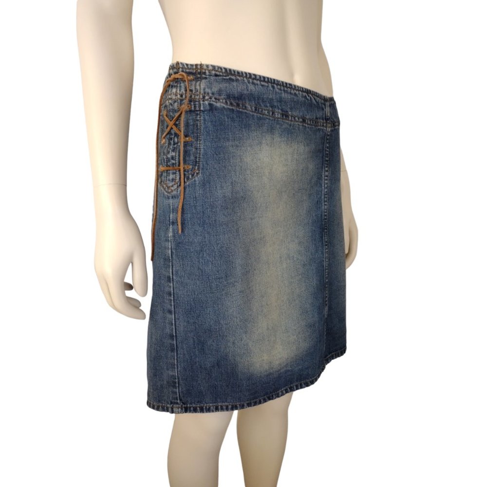 Vintage Y2K Blue Distressed Denim Cotton Faux Lace Up Sides Pencil Skirt